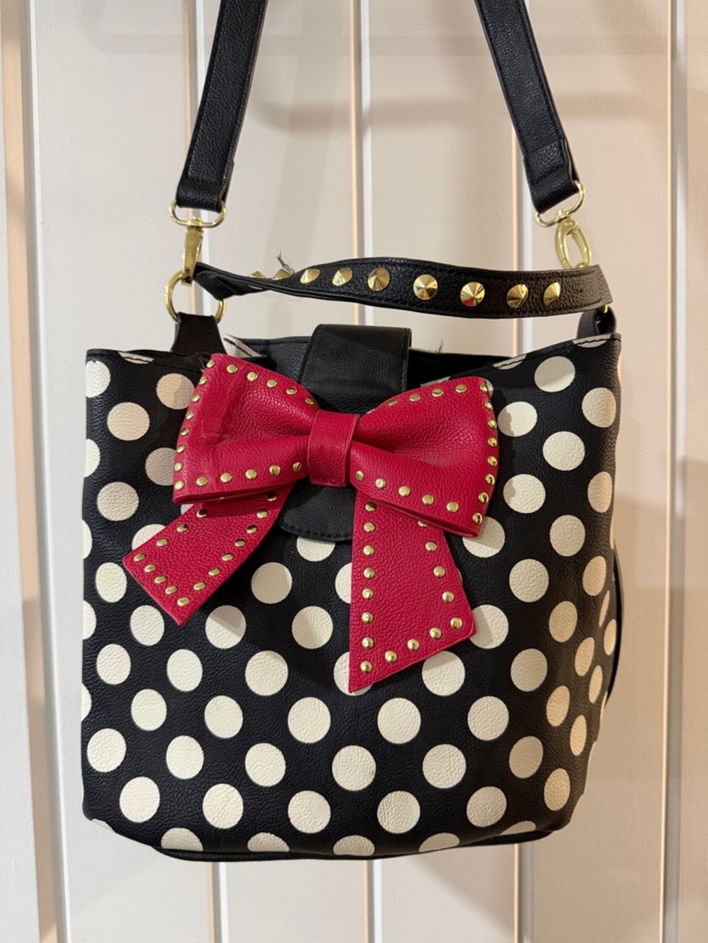 Betsey Johnson Black and White Polka Dot Shoulder Bag with Red Bow